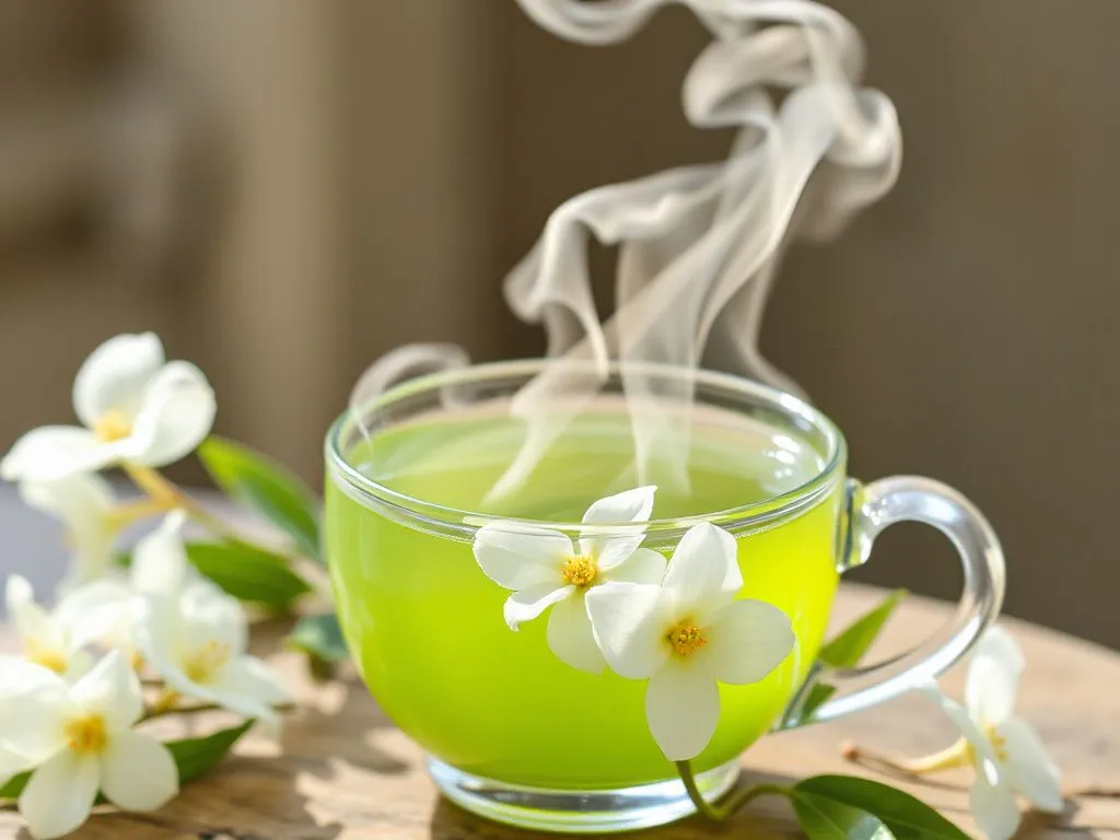 A serene composition of a steaming cup of green tea with jasmine flowers in a natural setting, photorealistic, high quality, showcasing aromatic steam rising, bright and inviting colors, calming ambiance