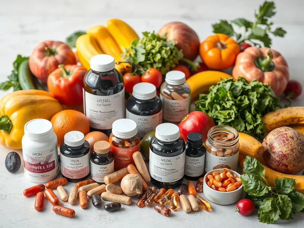 A professional, high-quality photo of various vitamins and supplements arranged neatly on a table, surrounded by fresh fruits and vegetables, emphasizing a healthy lifestyle approach.