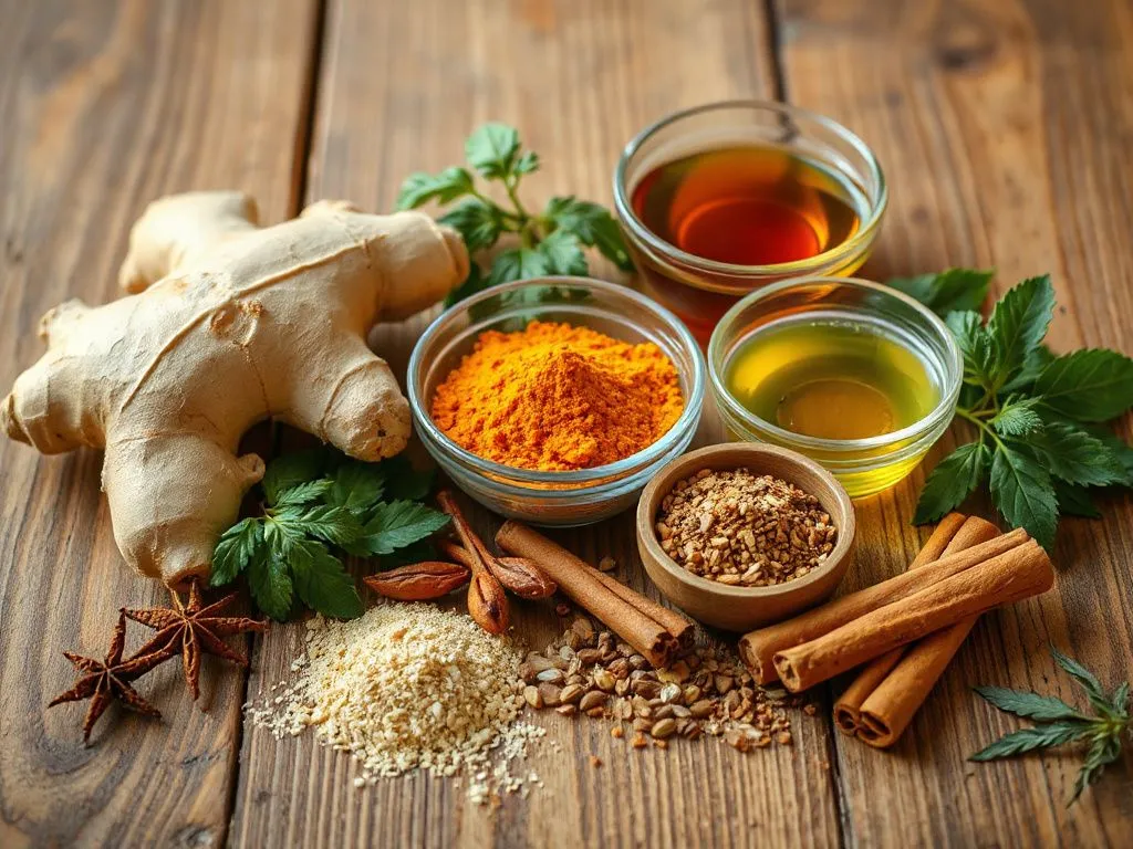 Various herbs and spices including ginger, turmeric, green tea, and cinnamon on a wooden table, photorealistic, high quality, professional lighting
