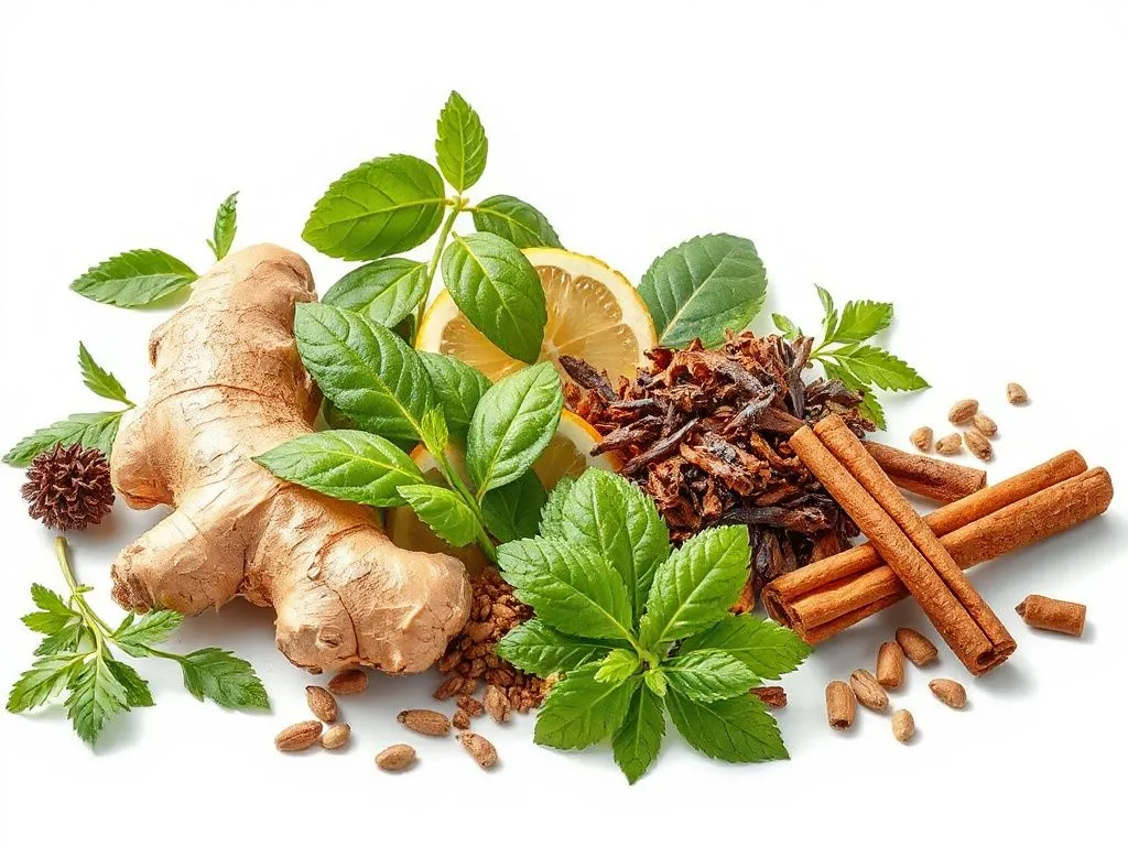 A variety of herbs displayed in a photorealistic and high-quality setting, including ginger, green tea leaves, cinnamon sticks, illustrated in a modern and clean background, symbolizing natural weight loss.