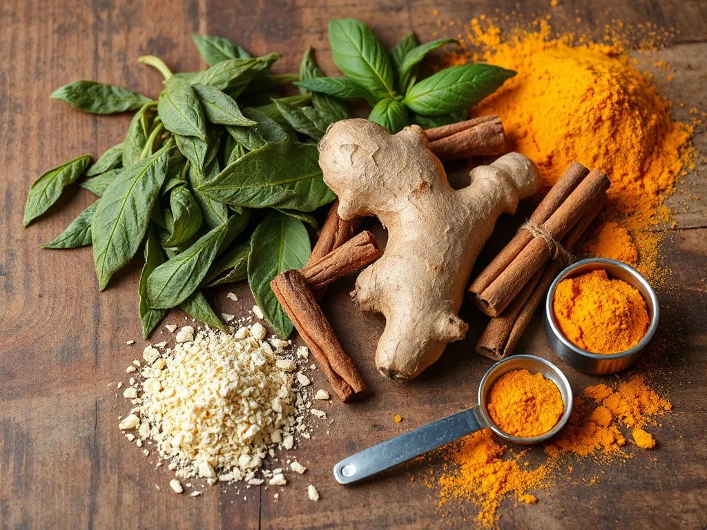 A collection of spices including green tea leaves, ginger, cinnamon sticks, and turmeric powder on a rustic kitchen countertop, with a measuring spoon, photorealistic, high-quality