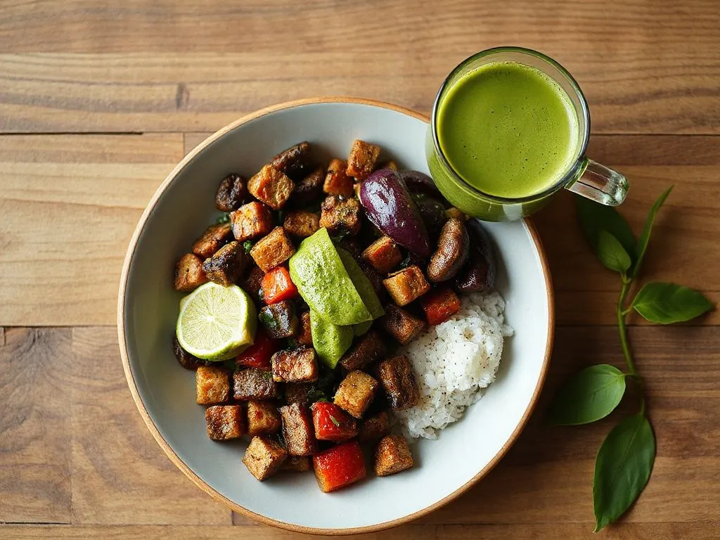 A harmonious blend of a healthy keto meal with a vibrant matcha tea, showcasing the integration of diet and natural drink, high quality, photorealistic, professional lighting