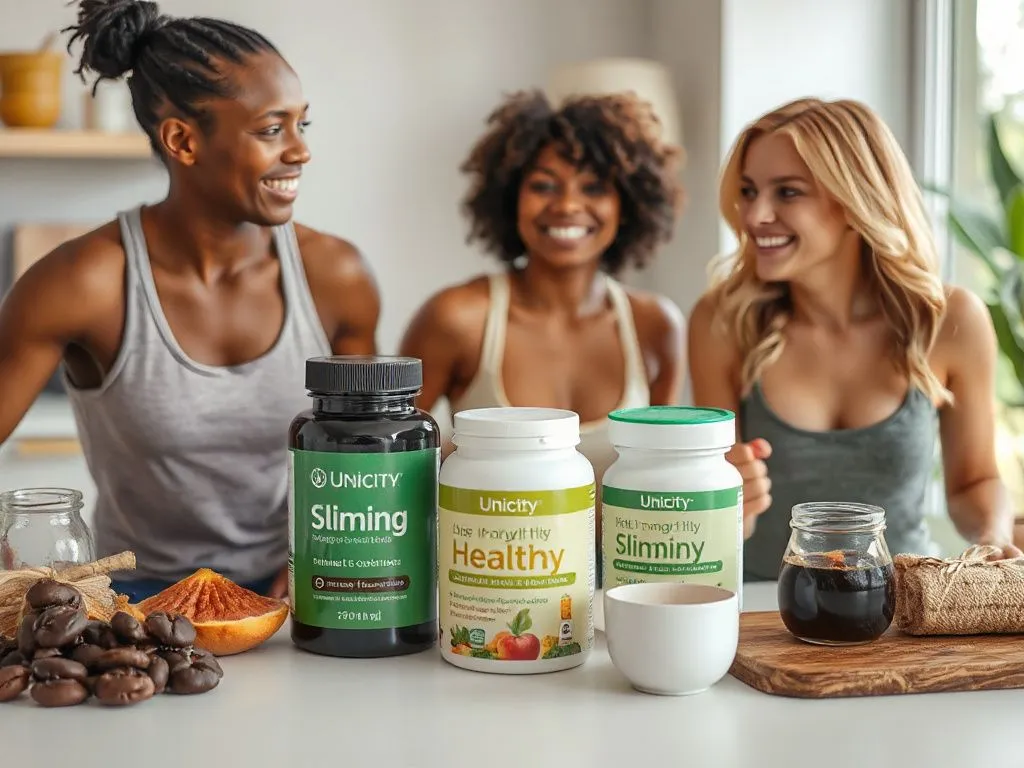 Healthy lifestyle with Unicity products, featuring slimming supplements and coffee, natural ingredients, photorealistic, high quality, vibrant colors, dynamic and active setting