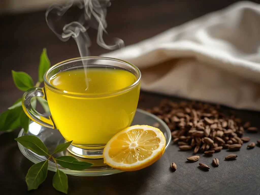 A serene setting with a steaming cup of green tea next to fresh tea leaves and a slice of lemon, photorealistic, high quality, professional lighting, cozy and inviting atmosphere