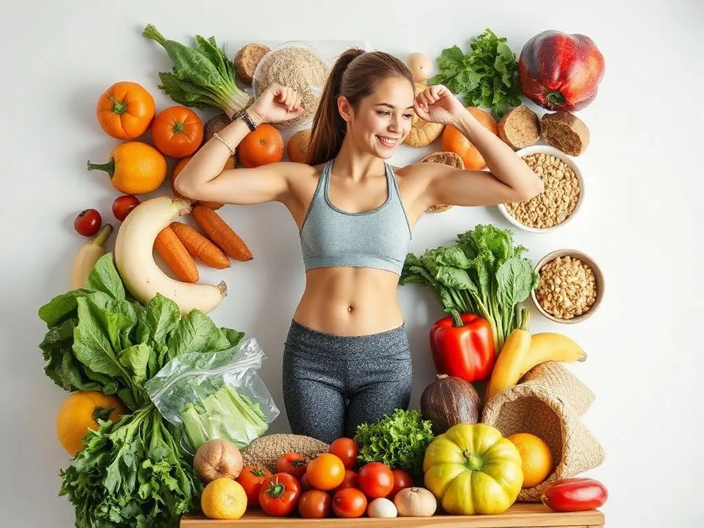 Healthy lifestyle with balanced diet and exercise, photorealistic, high quality, vibrant colors, a person engaged in physical activity, surrounded by fruits, vegetables, and grains, symbolizing a holistic approach to weight loss
