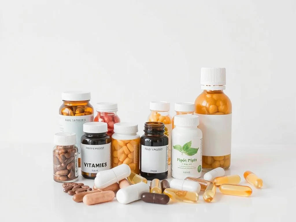 A collection of various dietary supplements and vitamins against a clean, minimalist background, symbolizing mental health and wellbeing improvement, professional photography style, high quality